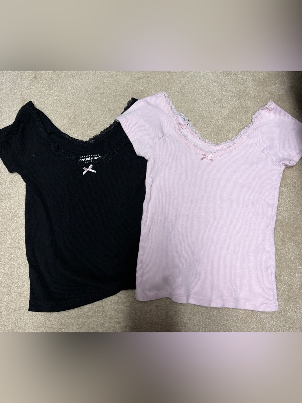 Aeropostale Lace-Trim Short Sleeve Tee - Pink & Black